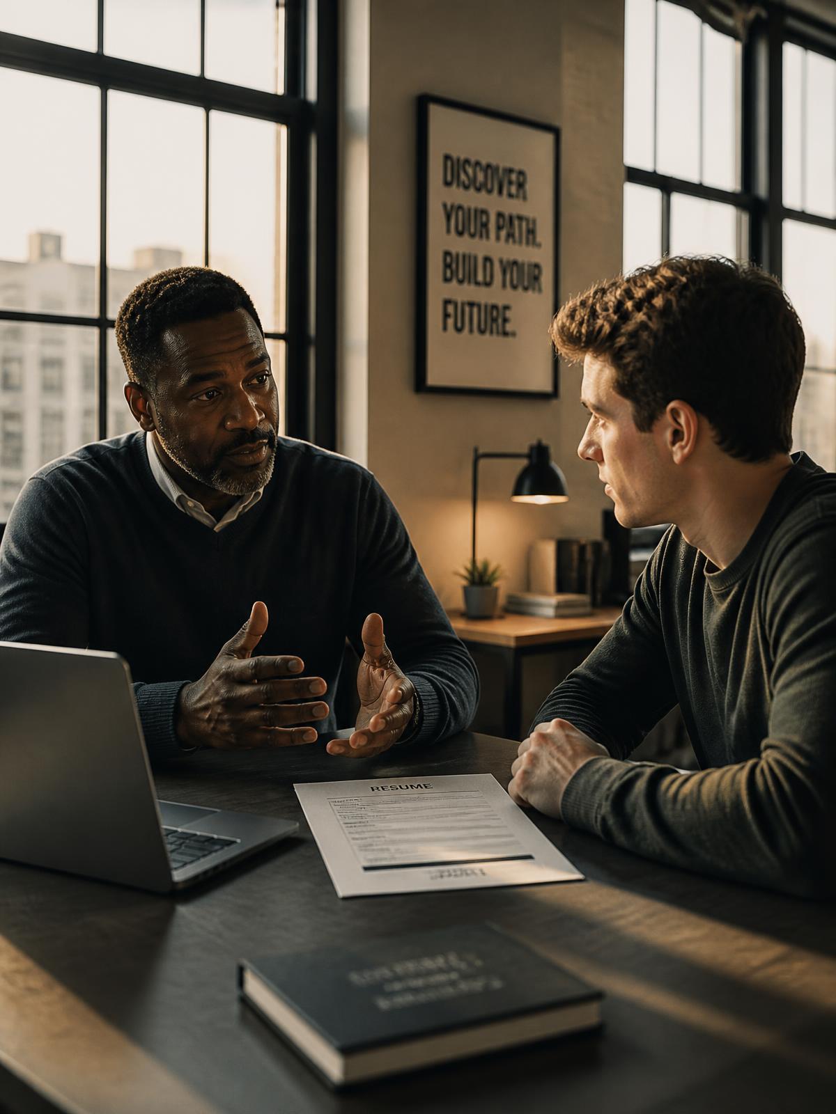 A mentor and a young man reviewing career options and a résumé across a desk