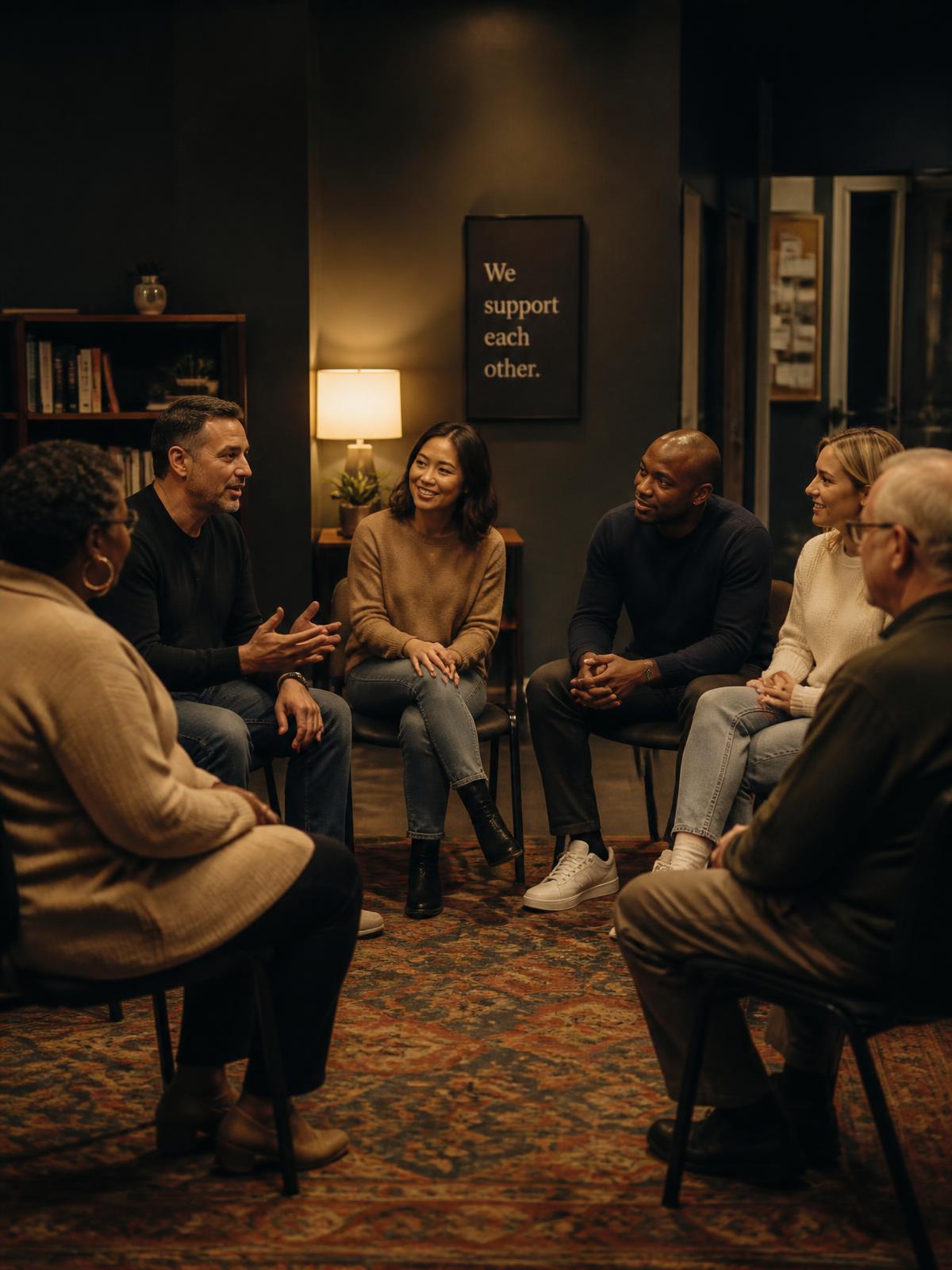 A warm community group talking together in a circle of chairs