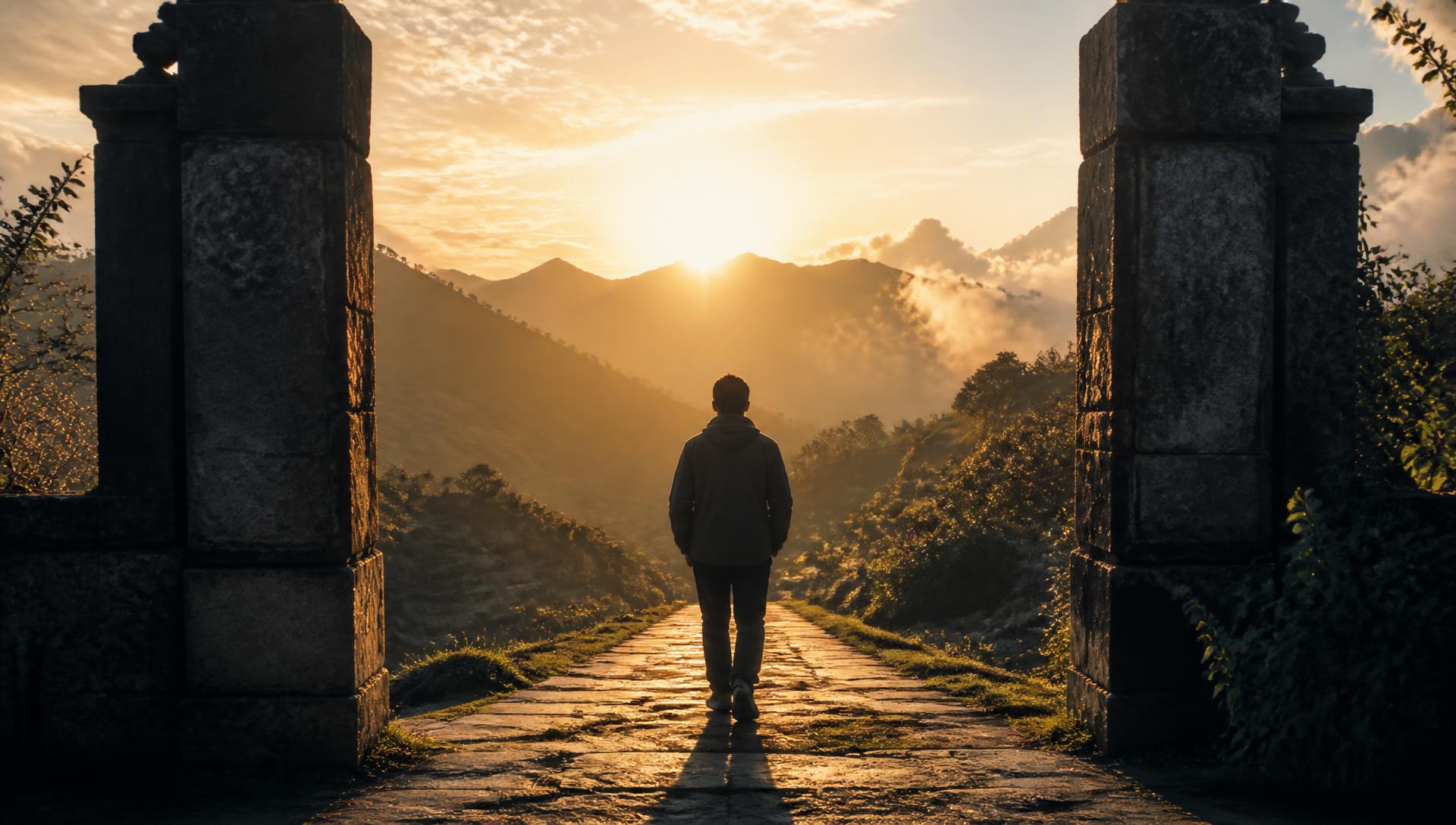 A person walking through open stone gates onto a path toward a sunlit mountain valley at sunrise